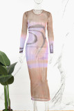 Gul Casual Print Genomskinlig O-hals långa klänningar