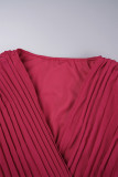 Rosa vermelha doce sólido patchwork frênulo plissado decote em V manga comprida duas peças