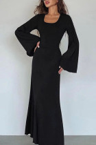 Vestido longo preto casual sólido patchwork com decote em U