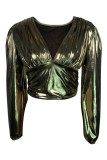 Gold Casual Solid Patchwork V Neck Tops