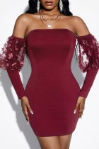 Burgundy Sexy Casual Solid Backless Off the Shoulder Long Sleeve Dresses