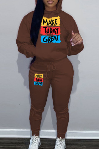 Brown Sportwear Casual Letter Print Hooded Collar Long Sleeve Sweatshirt And Draw String Pants Two Pieces Sweatsuit Sets