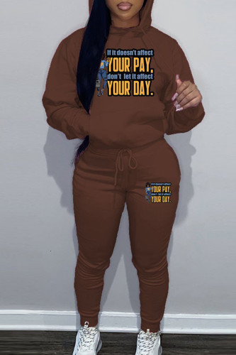Brown Sportwear Casual Letter Print Hooded Collar Long Sleeve Sweatshirt And Draw String Pants Two Pieces Sweatsuit Sets