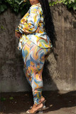 Yellow Black Casual Print Patchwork Turndown Collar Plus Size Two Pieces