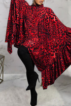 Robes décontractées bordeaux imprimé léopard patchwork col rabattu robe irrégulière