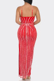 Rote sexy solide Patchwork rückenfreie Hot Drill Spaghettiträger langes Kleid Kleider