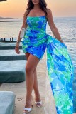 Blue Sexy Print Patchwork Backless Strapless Wrapped Skirt Dresses