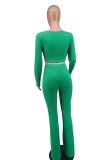 Green Casual Solid Asymmetrical V Neck Long Sleeve Two Pieces
