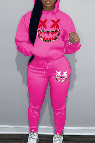 Rose Red Sportwear Halloween Casual Graphics Print Hooded Collar Long Sleeve Sweatshirt And Draw String Pants Two Pieces Sweatsuit Sets