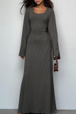 Brownness Lässiges, solides Patchwork-Kleid mit U-Ausschnitt und langem Kleid