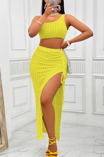 Yellow Sexy Casual Solid Backless Slit One Shoulder Sleeveless Two Pieces Tank Vest Crop Tops And Thigh Split Skirts Sets