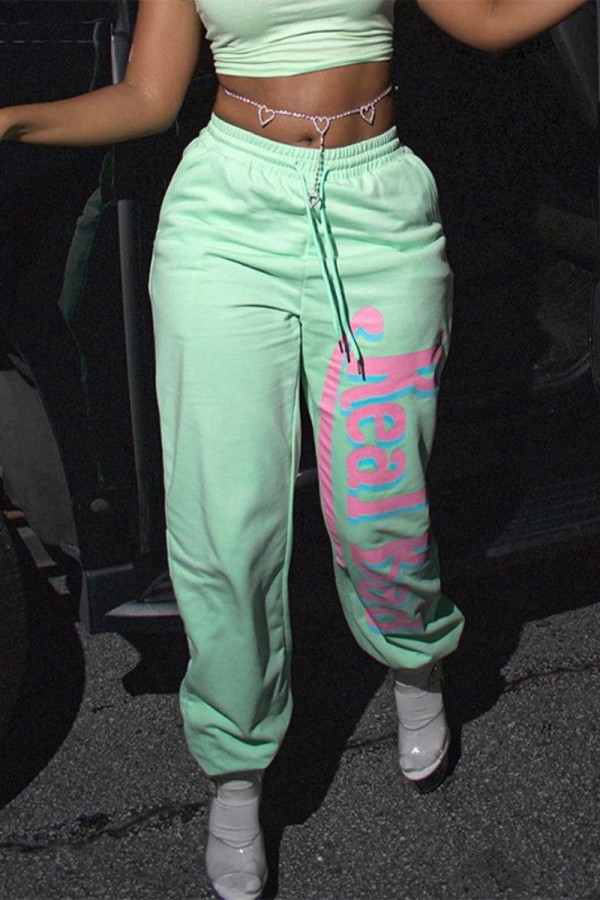 Pantalones con estampado casual, básicos, regulares, de cintura alta, con estampado de posicionamiento convencional, color verde