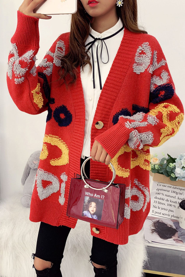 Prendas de abrigo cuello de cárdigan con hebilla y patchwork de letras casual rojo