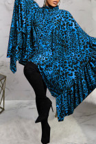Blauwe casual print luipaard patchwork kraag onregelmatige jurk Jurken
