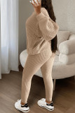 Khaki Casual Solid Patchwork Draw String O Neck Long Sleeve Two Pieces Sweater Suit