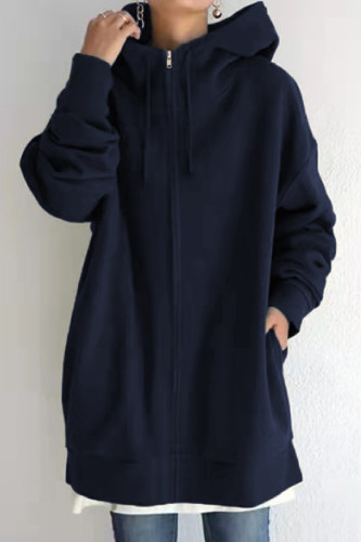 Dark Blue Casual Solid Basic Hooded Collar Outerwear