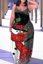 ダークグレーのセクシーなカジュアルプリントバックレススパゲッティストラップロングドレスドレス