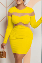 Желтые сексуальные повседневные однотонные лоскутные прозрачные платья с круглым вырезом и длинными рукавами
