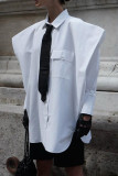 Weiße, elegante, solide Patchwork-Hemdkragen-Oberteile mit Taschenschnalle