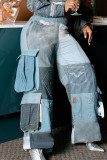 Blaue Street-Farbblock-Patchwork-Tasche, gerade, hohe Taille, gerade Patchwork-Hose
