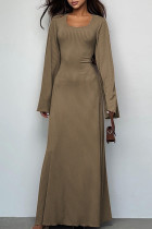 Khaki Casual Solid Patchwork U Neck Long Dress Dresses