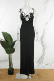Zwart sexy patchwork hete boren doorzichtige backless spleet spaghetti band lange jurk jurken