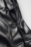 Preto elegante sólido retalhos plissado magro alto-falante de cintura alta cor sólida