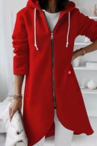 Red Casual Solid Patchwork Zipper Hooded Collar Outerwear