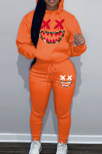 Orange Sportwear Halloween Casual Graphics Print Hooded Collar Long Sleeve Sweatshirt And Draw String Pants Two Pieces Sweatsuit Sets