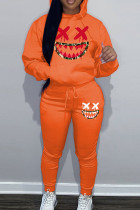 Orange décontracté imprimé Patchwork cordon de serrage poche col à capuche manches longues deux pièces