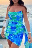 Blue Sexy Print Patchwork Backless Strapless Wrapped Skirt Dresses