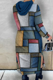 Braunes, lässiges, bedrucktes, Patchwork-Kleid mit Kordelzug und Schlitz, Kapuzenkragen, bedrucktes Kleid in Übergröße