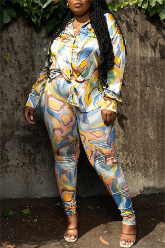 Light Blue Casual Print Patchwork Turndown Collar Plus Size Two Pieces
