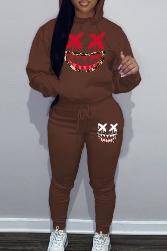 Brown Sportwear Halloween Casual Graphics Print Hooded Collar Long Sleeve Sweatshirt And Draw String Pants Two Pieces Sweatsuit Sets