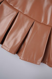 Pantalones de color sólido con altavoz de cintura alta ajustados plisados ​​de parches lisos elegantes café