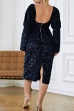 Black Casual Solid Sequins Patchwork U Neck Long Sleeve Plus Size Dresses