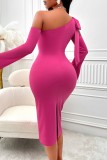 Rose Red Casual Solid Backless Oblique Collar Long Sleeve Dresses