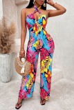 Blauw Rood Casual print Backless Halter Normale jumpsuits