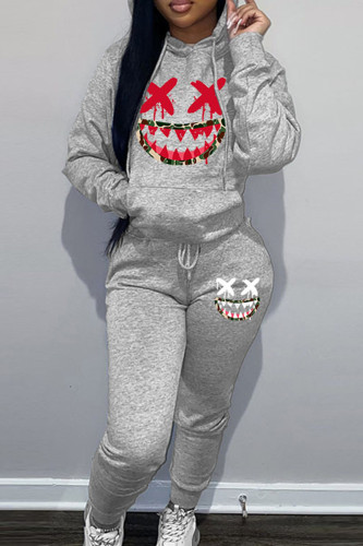 Grey Sportwear Halloween Casual Graphics Print Hooded Collar Long Sleeve Sweatshirt And Draw String Pants Two Pieces Sweatsuit Sets