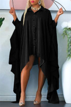 ブラック カジュアル ソリッド パッチワーク シャツカラー イレギュラー ドレス ドレス