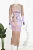 Gul Casual Print Genomskinlig O-hals långa klänningar