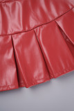 Vermelho elegante sólido retalhos plissado magro cintura alta alto-falante cor sólida bottoms