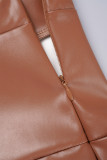Pantalones de color sólido con altavoz de cintura alta ajustados plisados ​​de parches lisos elegantes café