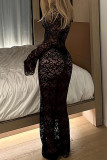 Black Street Solid Lace Patchwork See-through V Neck Long Dress Dresses