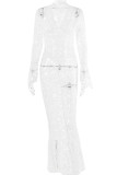 White Street Solid Lace Patchwork See-through V Neck Long Dress Dresses