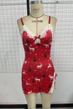 Red Sexy Living Print Backless Christmas Day Lingerie