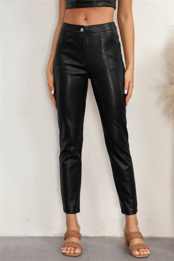 Negro Casual Sólido Básico Mediados de cintura Convencional Color sólido Pantalones