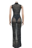 Black Sexy Patchwork Hot Drilling See-through Slit Turtleneck Long Dress (Subject To The Actual Object)