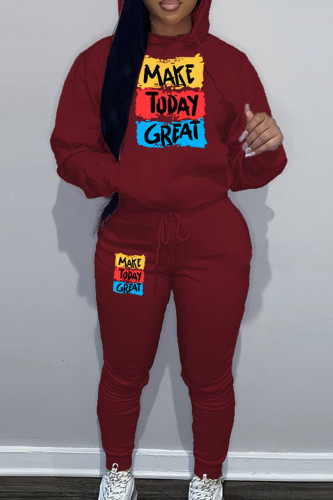 Burgundy Sportwear Casual Letter Print Hooded Collar Long Sleeve Sweatshirt And Draw String Pants Two Pieces Sweatsuit Sets