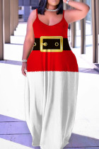 赤白のセクシーなカジュアル プリント バックレス スパゲッティ ストラップ ロング ドレス ドレス